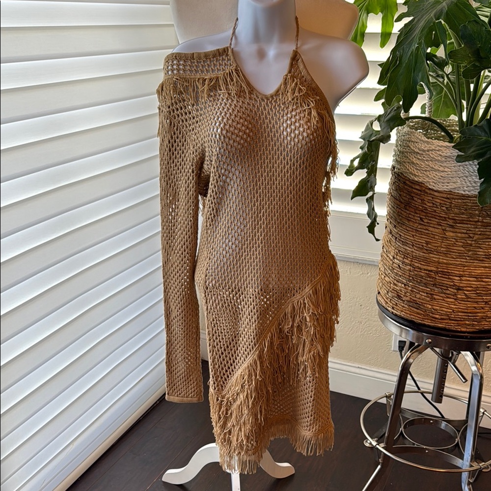 Tularosa Tan Crochet Fringe Swim Coverup Dress